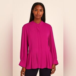 Theory Women's Top 100% SILK Pleated MEDIUM Shirt‎ Hidden Button LS Pink Fuchsia